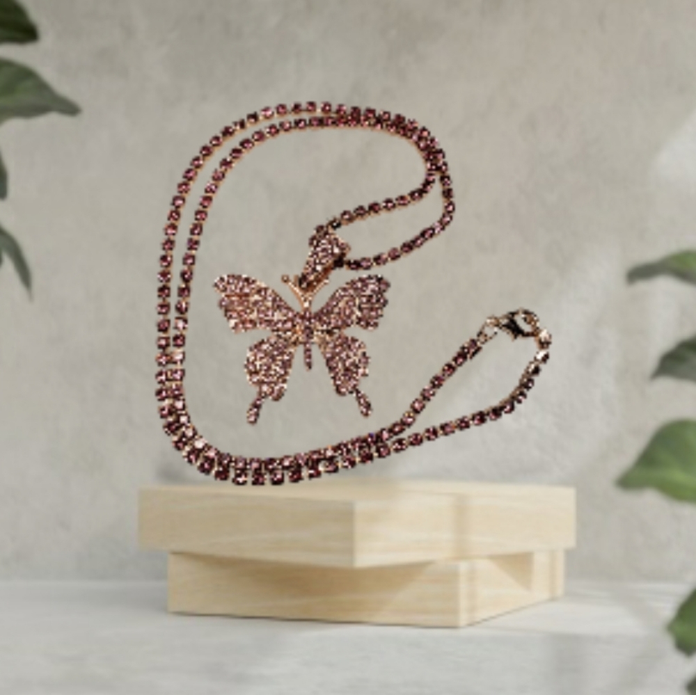 Pink Gold Tone Butterfly Pendant and Pink Rhinestone Necklace 10" Drop